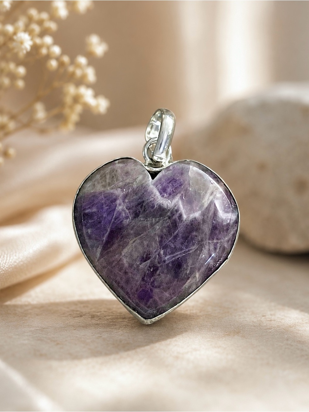 Natural Amethyst Heart Sterling Silver 2” Pendant